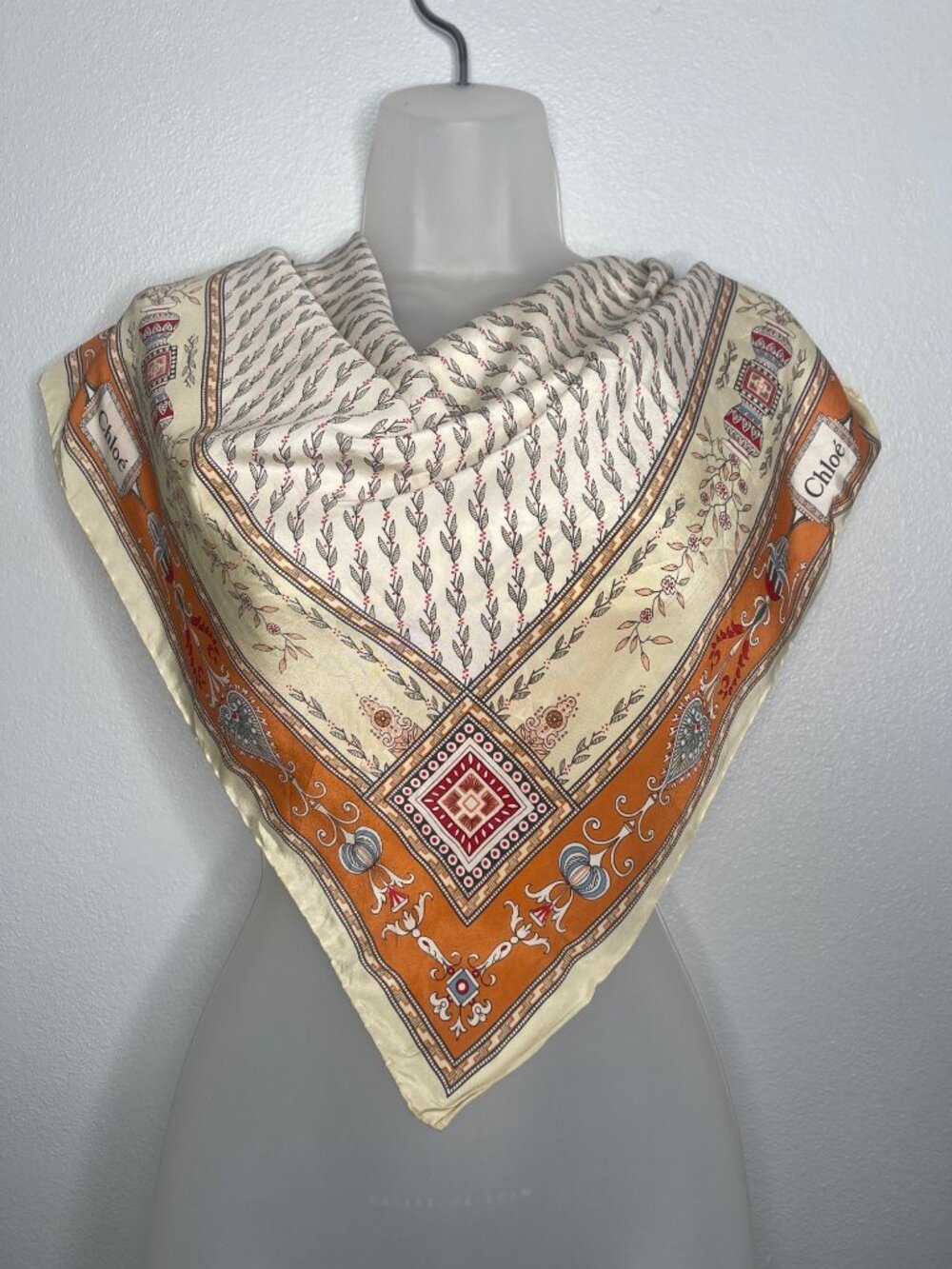 Vintage Chloé Silk Square Scarf Orange Beige Red Floral Leaf Print France Luxe